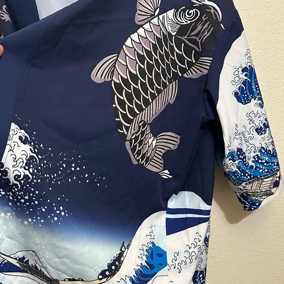 Navy Blue Kimono Jacket with Ocean Wave Design - Picture 7 of 10